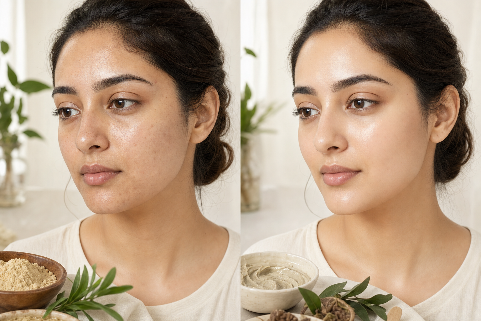 Before and after natural skincare glow routine